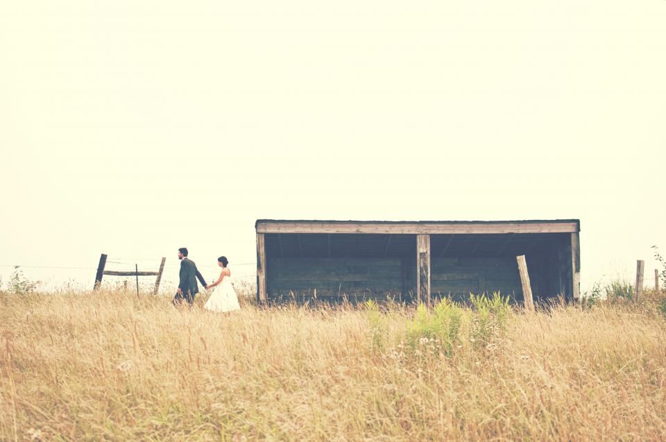 Pareja de novios caminando de la mano por un campo dorado